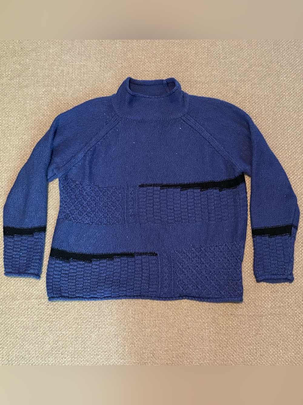 Habitat Mixed Cable Stitch Pullover Sweater Blue Patchwork Mock Neck Boho S